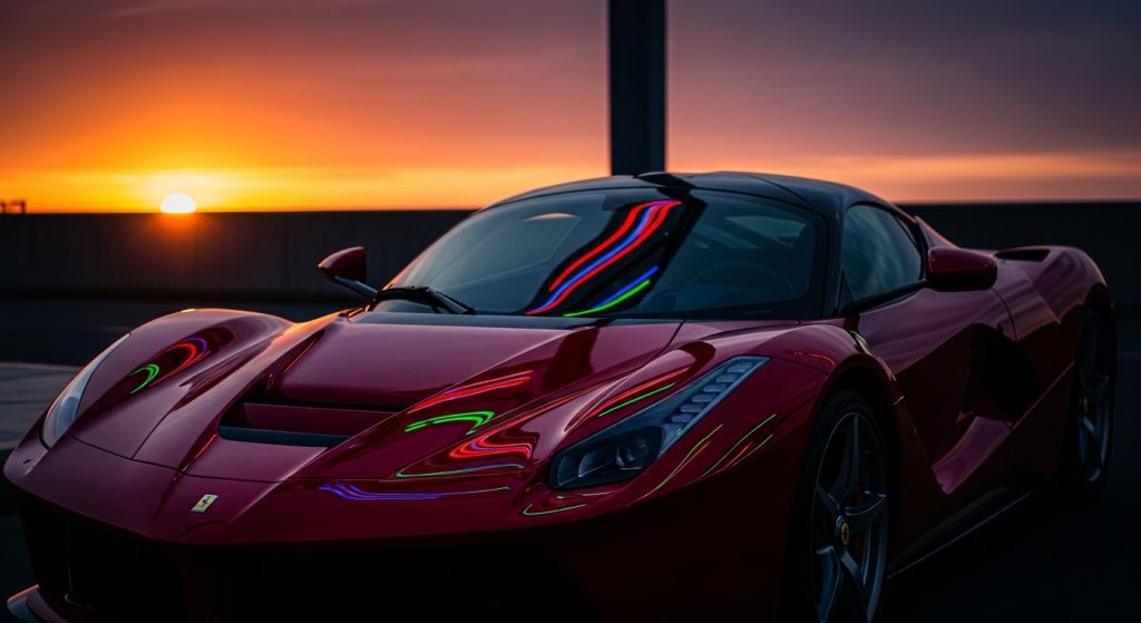 Dark Aesthetic Car Wallpapers for Laptop Sleek & Stylish Backgrounds 2 Sleek red Ferrari parked at sunset with neon reflections on hood, dark aesthetic car wallpaper for laptop in cinematic style.