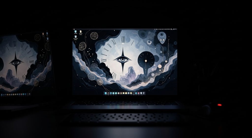 Desktop Wallpaper HD 1080p Laptop Aesthetic Dark Art Stunning Backgrounds 2 A glowing laptop screen in a dark room, displaying an elegant digital wallpaper with moody shadows and surreal artistic details.