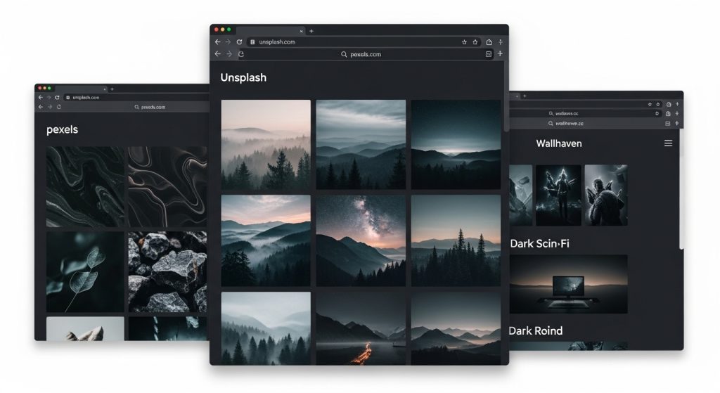 Dark Aesthetic Wallpaper for Laptop: Stylish Backgrounds to Elevate Your Screen 7 Screenshot-style collage of Unsplash, Pexels, and Wallhaven websites displaying dark aesthetic wallpaper for laptop options.