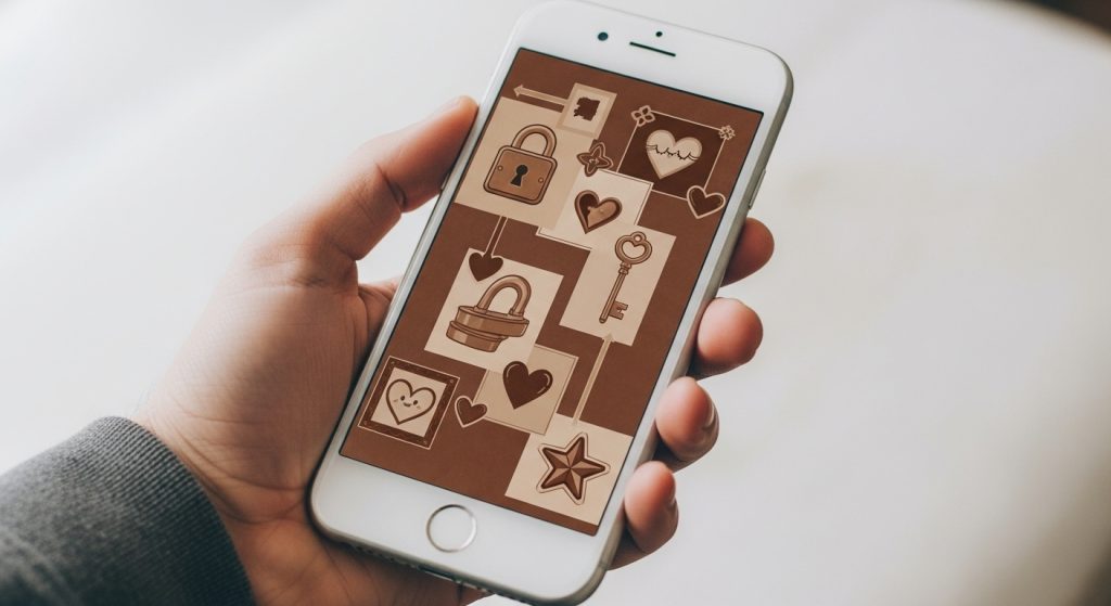 Vintage 90s Retro Brown iPhone 90s Aesthetic Wallpaper Designs 9 Hand holding a personalized iPhone with brown retro wallpaper, featuring locks and hearts for a stylish nostalgic touch.