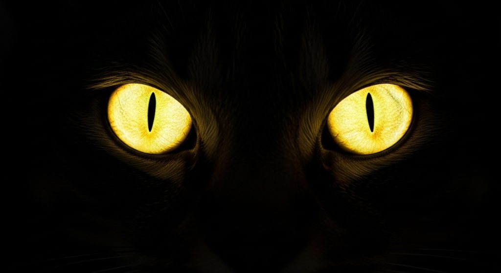 Laptop Wallpaper HD 1080p Aesthetic Dark Cat 5 Close-up of a cat’s glowing golden eyes emerging from a pitch-dark background, mysterious HD wallpaper style