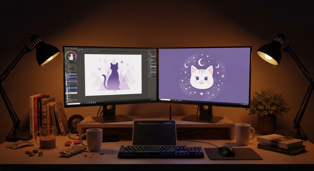 Laptop Wallpaper HD 1080p Aesthetic Dark Cat 11 Digital artist’s workspace with dual monitors displaying aesthetic cat wallpapers in dark theme, creative HD 1080p setup.