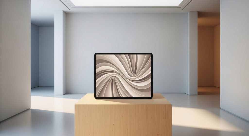 Top Aesthetic iPad Wallpapers for a Minimal & Stylish Look 2 Digital illustration of a minimalist iPad gallery wallpaper featuring soft abstract lines, neutral tones, and subtle shadows, creating an elegant and inviting atmosphere.