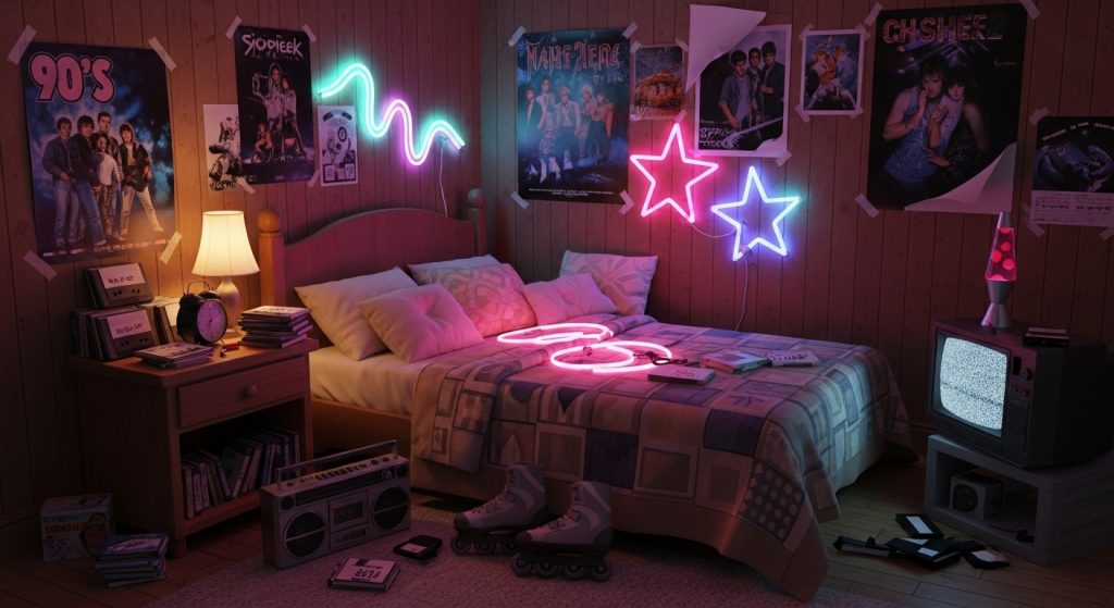 Vintage 90s Retro Brown & Pink iPhone Wallpaper Aesthetic 2 Cozy 90s bedroom with posters, mixtapes, and neon lights in brown and pink tones, softly lit for a nostalgic and eye-catching glow.