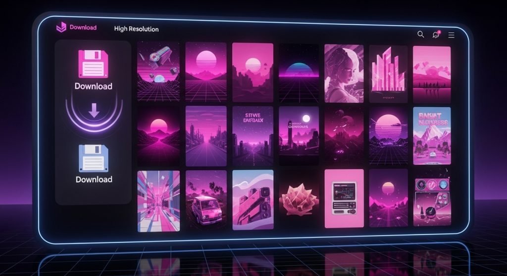 Vintage 90s Retro Brown & Pink iPhone Wallpaper Aesthetic 11 : Digital gallery showcasing high-res pink and brown 90s-style wallpapers with glowing download icons, combining futuristic and retro elements for visual appeal.