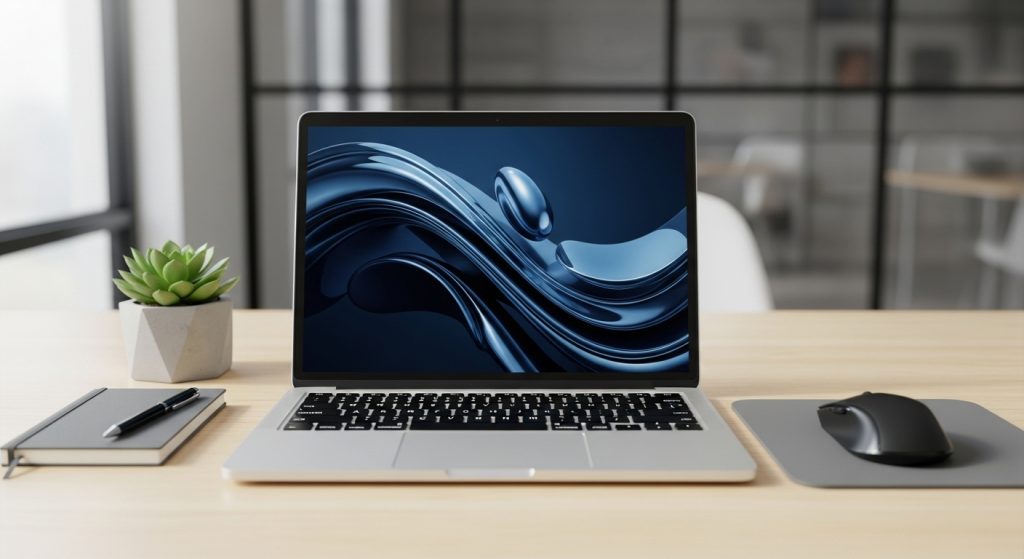 Laptop Wallpaper HD 1080p Aesthetic Dark Blue HD 8 “Clean office desk with business laptop displaying polished dark blue HD abstract wallpaper.”