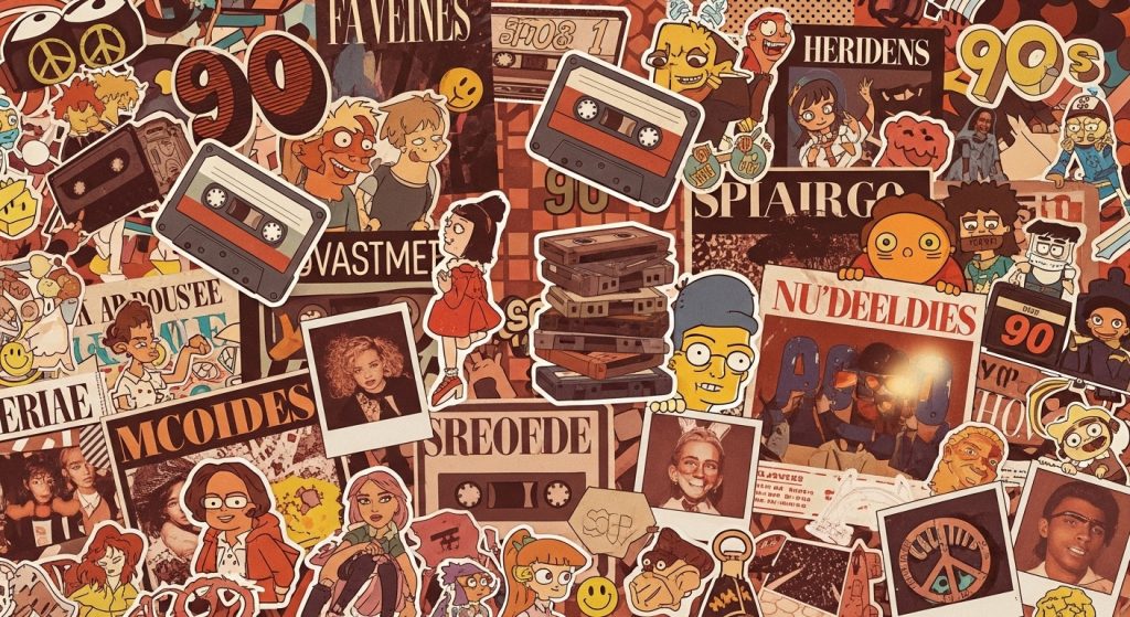 Vintage 90s Retro Brown iPhone 90s Aesthetic Wallpaper Designs 2 Vibrant 90s collage featuring cassette tapes, bold patterns, and cartoon characters in warm brown tones, styled as a nostalgic scrapbook with a soft glow.
