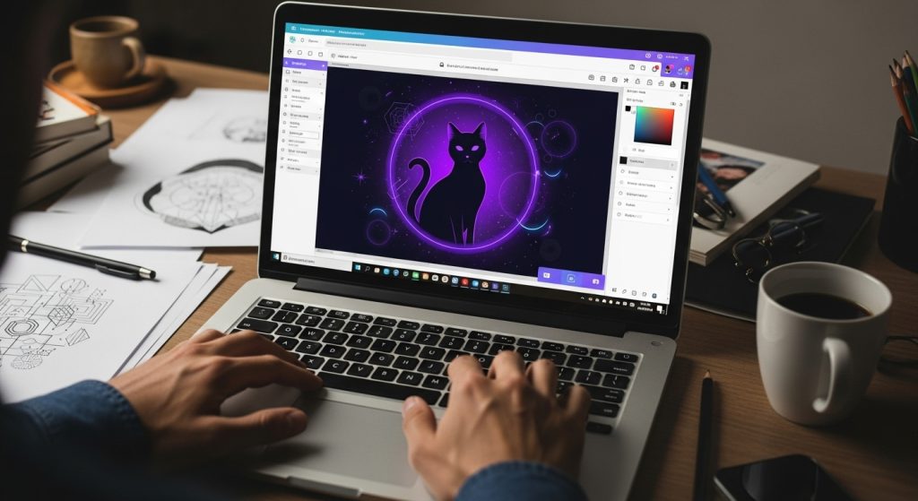 Laptop Wallpaper HD 1080p Aesthetic Dark Cat 12 Person designing a custom dark cat wallpaper on Canva, adding creative aesthetic elements in HD 1080p style.