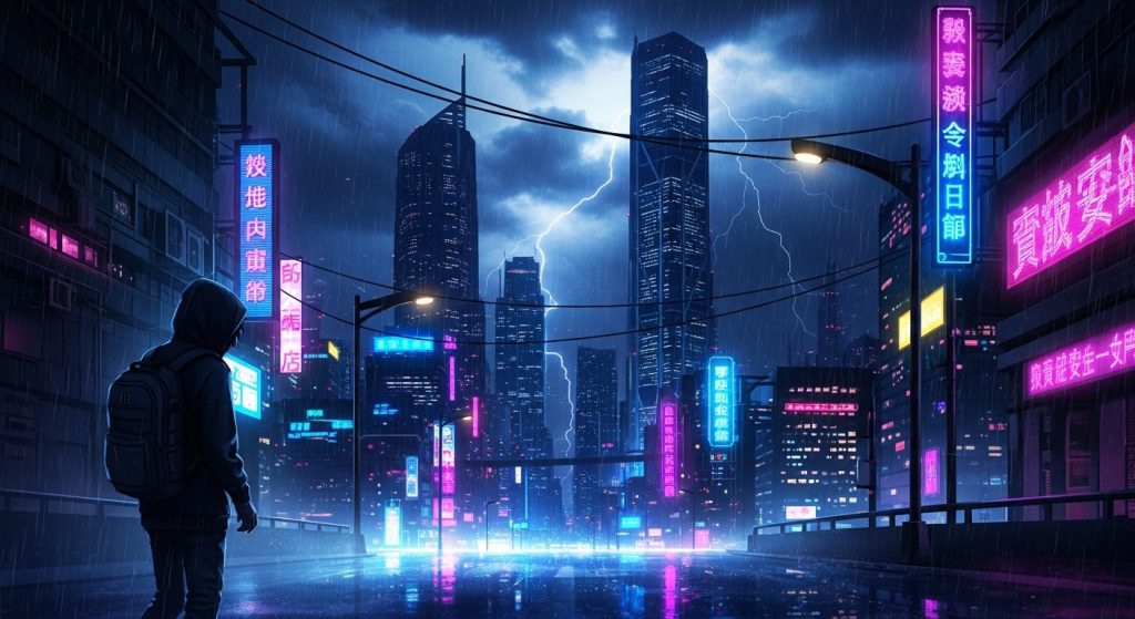 Top Aesthetic Anime Wallpaper Ideas to Personalize Your Screen 5 Cyberpunk anime wallpaper of a neon-lit city with glowing skyscrapers, rain-soaked streets, a stormy sky, and a lone hooded character standing in the scene.