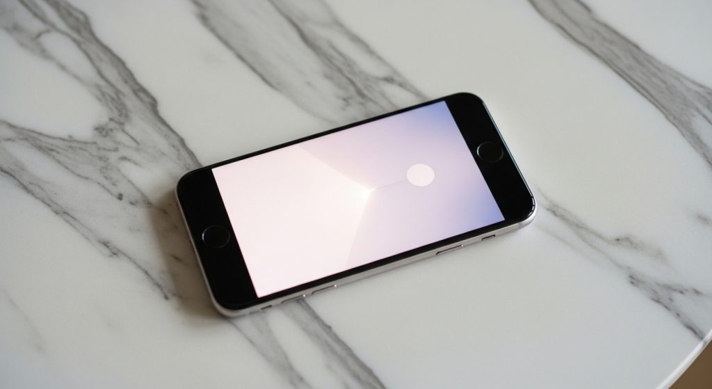 Aesthetic Wallpaper Background iPhone White Minimal & Elegant HD Designs 13 "Minimal flat lay of iPhone with glowing white wallpaper background on a marble table, symbolizing timeless elegance."