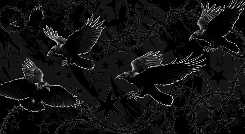Timeless Beauty in Black: Aesthetic Wallpaper Ideas 6 Produce an eye-catching collage of black elements like ravens, thorns, and stars on a void canvas, with artistic overlays, beautiful in intense shadows for a dramatic, energetic composition.