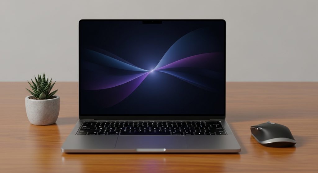 Laptop Wallpaper HD 1080p Aesthetic Dark Simple 2 “Sleek laptop on wooden desk displaying dark minimalist HD wallpaper with smooth gradients and subtle glow in modern aesthetic style.”