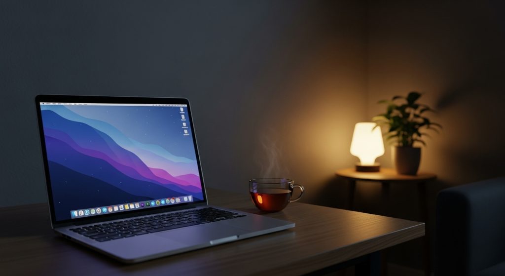 Laptop Wallpaper HD 1080p Aesthetic Dark Simple 13 Laptop glowing softly in a dark room with minimalist wallpaper on the screen, peaceful and modern atmosphere.
