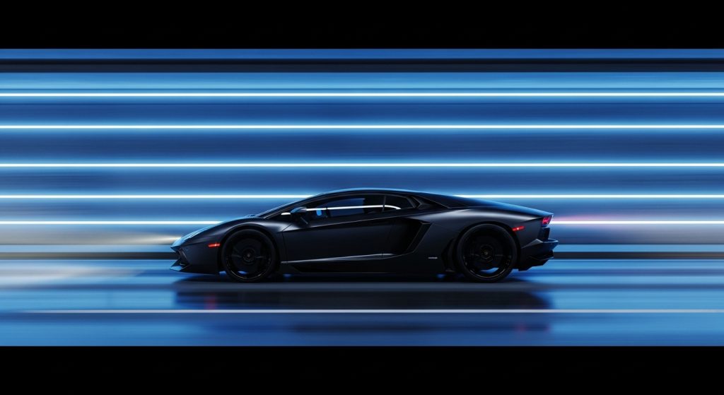 Dark Aesthetic Car Wallpapers for Laptop Sleek & Stylish Backgrounds 5 Side view of Lamborghini Aventador in neon-lit tunnel with glowing blue lights, minimalist futuristic dark aesthetic car wallpaper for laptop.