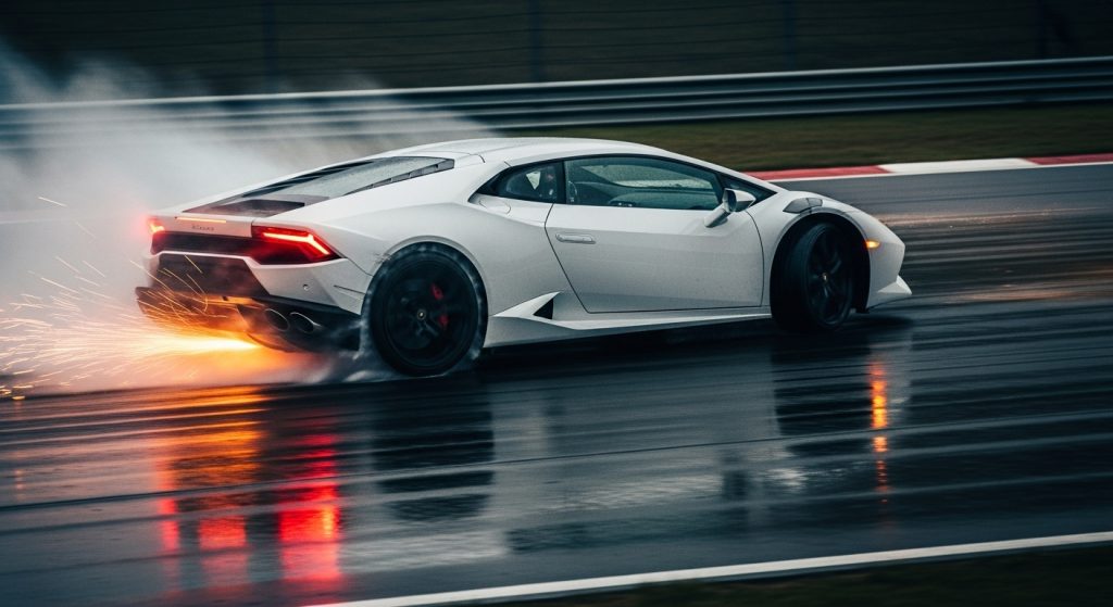 Dark Aesthetic Car Wallpapers for Laptop Sleek & Stylish Backgrounds 8 Close-up of Lamborghini Huracán drifting on wet track at night with sparks and smoke, dynamic dark aesthetic car wallpaper for laptop.
