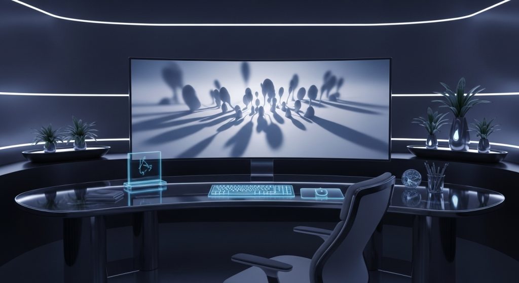 Desktop Wallpaper HD 1080p Laptop Aesthetic Dark Art Stunning Backgrounds 9 A futuristic workspace with a glowing screen displaying a dynamic wallpaper where shifting shadows move in real time, creating an immersive and modern atmosphere.