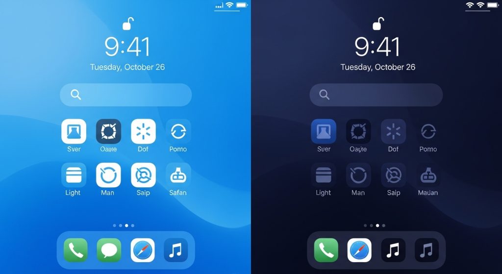 Aesthetic Wallpaper Background iPhone Blue Stylish & Minimal 8 "Blue iPhone wallpaper matched with app icons in light and dark mode, stylish layout"