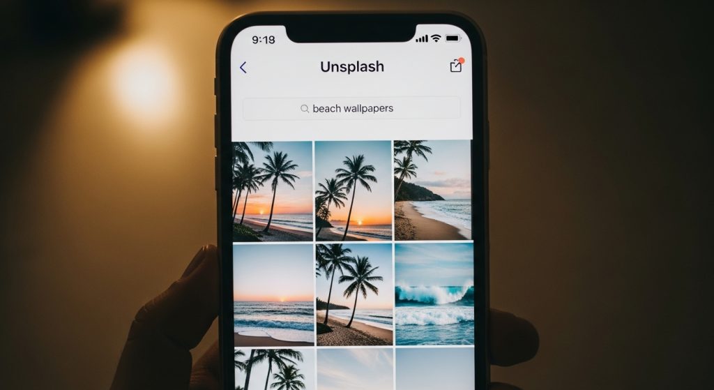 Top Aesthetic Wallpaper Backgrounds for Beach iPhone – HD & Minimal Designs 12 iPhone screen showing Unsplash site with beach wallpaper collection.
