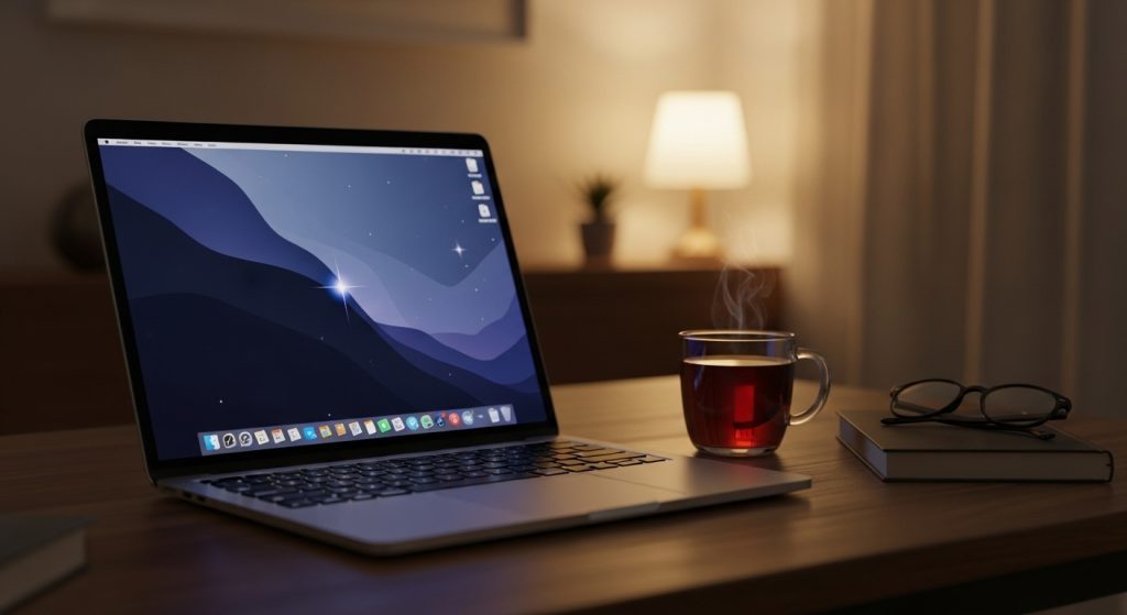 Laptop Wallpaper HD 1080p Aesthetic Dark Simple 5 Laptop in a dimly lit room with a dark minimalist wallpaper glowing faintly, cozy and soft lighting for eye comfort.