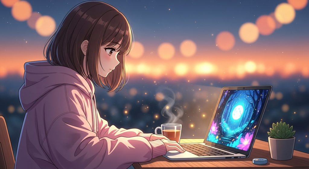 Top Aesthetic Anime Wallpaper Ideas to Personalize Your Screen 3 Anime-style illustration of a student using a laptop, glowing wallpaper in the background, warm cozy lights, and a calm, peaceful atmosphere.