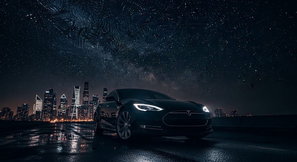 Dark Aesthetic Car Wallpapers for Laptop Sleek & Stylish Backgrounds 3 Black Tesla Model S under starry night sky with glowing city skyline, minimalist dark aesthetic car wallpaper for laptop.