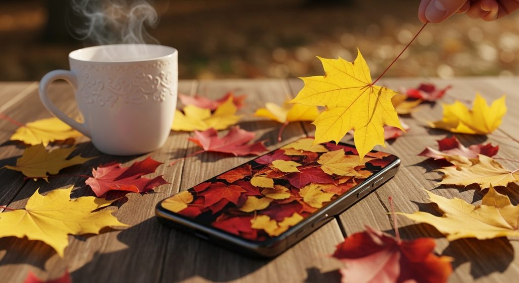 Aesthetic Vintage iPhone Wallpaper: A Timeless Journey for Your Screen 22 Illustrate a stunning, autumnal image of an iPhone screen with a vintage leaf-patterned wallpaper, surrounded by falling golden leaves and a steaming mug.