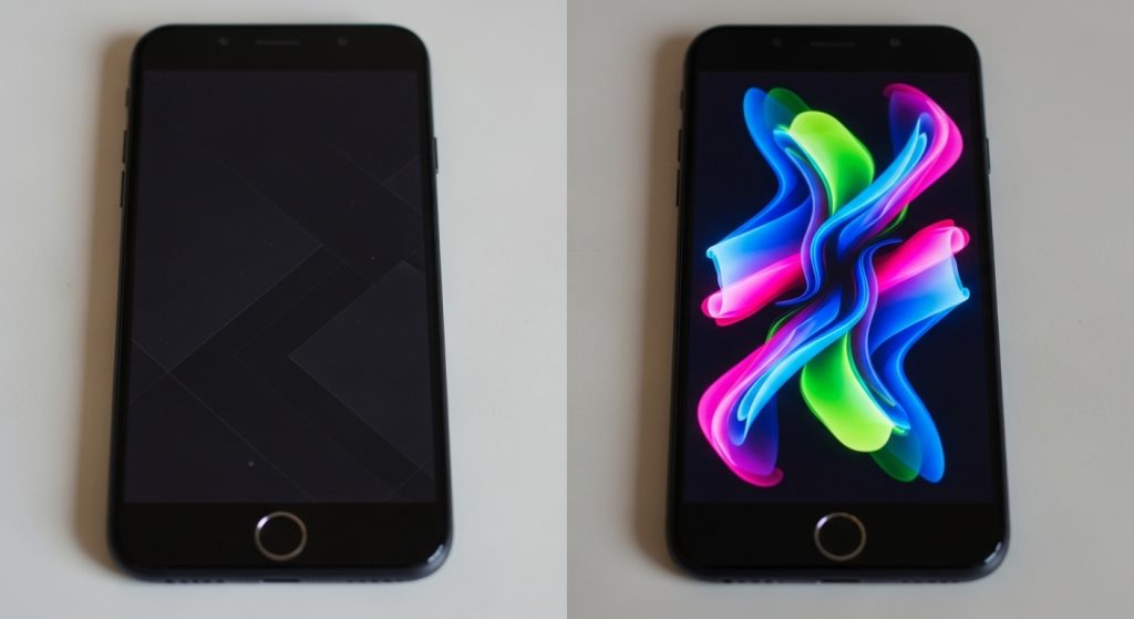 Transform Your Screen with Dark Aesthetic Wallpaper Vibes 8 "Side-by-side comparison of two smartphones showing a minimalist dark wallpaper and a vibrant neon abstract wallpaper.