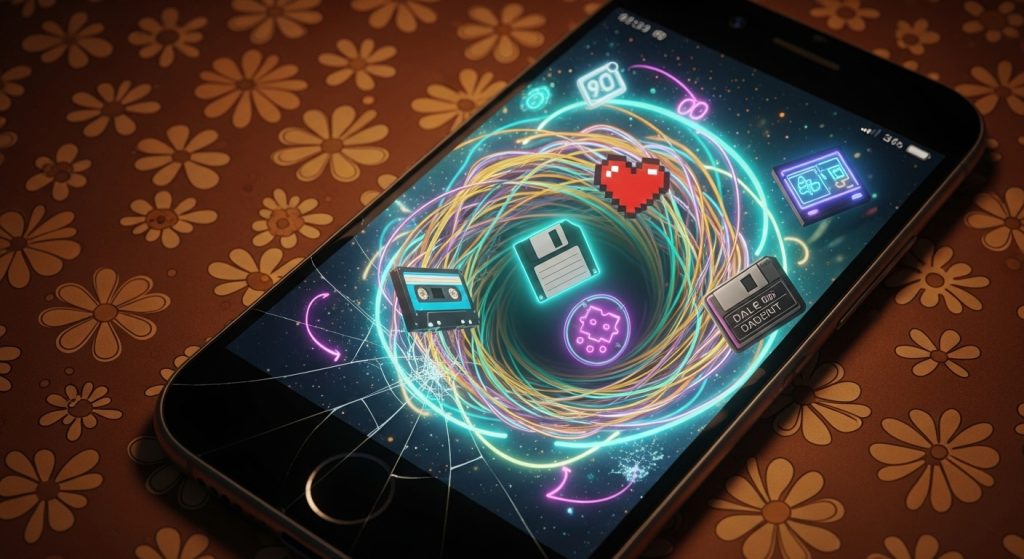 Vintage 90s Retro Brown iPhone 90s Aesthetic Wallpaper Designs 6 iPhone screen transforming into a 90s time portal with brown retro wallpaper, swirling patterns, and floating era icons glowing under soft light.