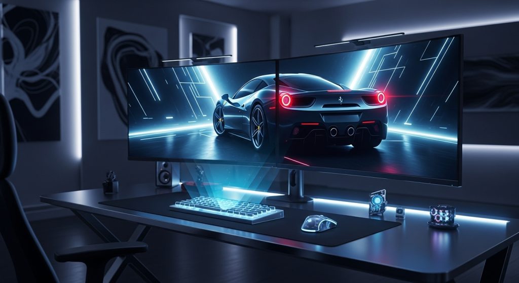 Laptop Wallpaper Aesthetic HD 1920x1080 Dark Cars for Desktop 6 Dual-monitor setup featuring a glowing dark Ferrari wallpaper, creating a sleek futuristic workspace vibe. ✅