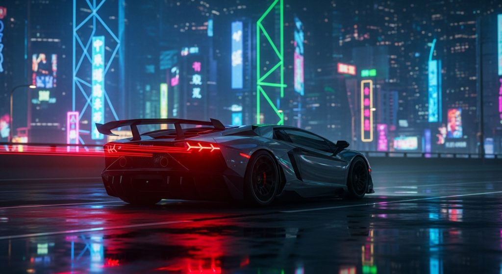 Dark Aesthetic Car Wallpapers for Laptop Sleek & Stylish Backgrounds 11 Dark aesthetic Lamborghini with glowing taillights driving into neon-lit city, cinematic widescreen car wallpaper for laptop.