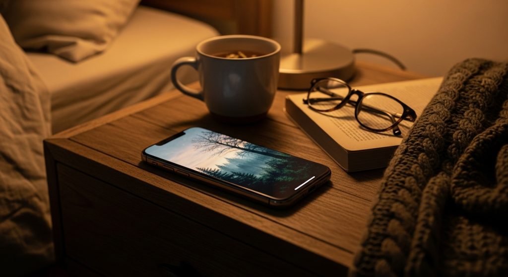 Aesthetic Wallpaper Backgrounds for iPhone HD & Minimal Styles 13 Lifestyle shot of an iPhone glowing on a cozy nightstand, displaying a moody wallpaper with soft warm ambient lighting.