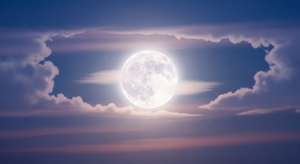 Best Aesthetic Moon Wallpapers for iPhone | Dark & Minimal Backgrounds 13 “Dreamy iPhone lock screen wallpaper with a large glowing moon surrounded by soft light clouds.”
