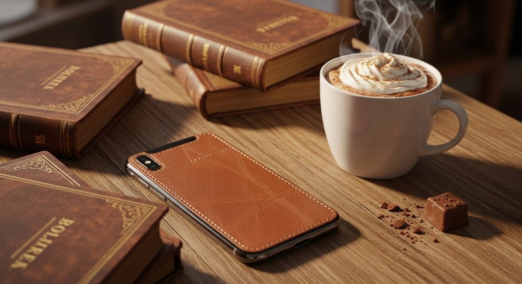 Aesthetic Vintage Brown iPhone Wallpaper 2025: A Cozy Retro Touch 2 Cozy iPhone on a wooden table with vintage brown leather wallpaper, surrounded by old books and a steaming mug of cocoa for a warm, nostalgic vibe.