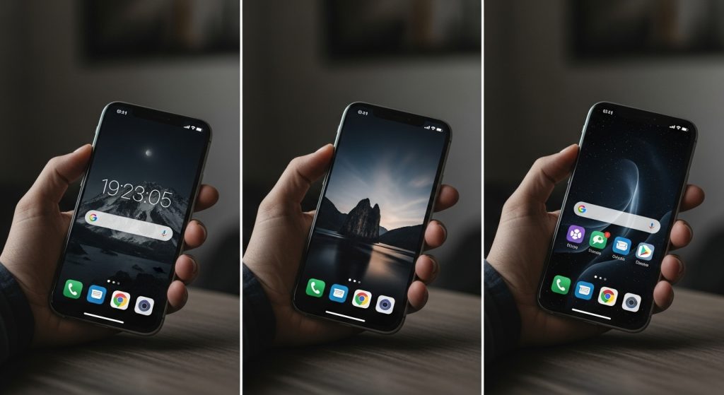 Transform Your Screen with Dark Aesthetic Wallpaper Vibes 10 : A smartphone cycling through three different dark wallpapers automatically on the lock screen.