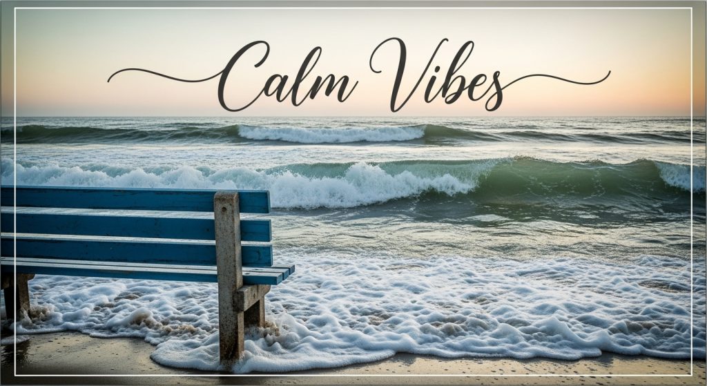 Calm & Cool: Blue Aesthetic Wallpapers for Every Mood 7 "Digital frame featuring a blue bench amid ocean waves with custom text 'Calm Vibes' in flowing script, detailed with textured foams and soft accents for a relaxing, personalized scene.
