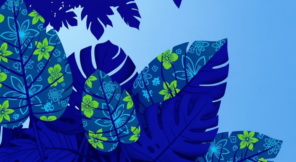 Calm & Cool: Blue Aesthetic Wallpapers for Every Mood 4 Digital artwork of blue tropical leaves with floral overlays under a clear sky, in rich indigos and greens for a fresh and trendy aesthetic