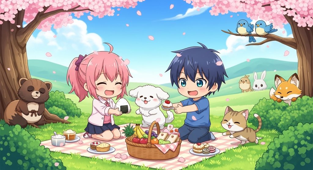 Top Aesthetic Anime Wallpaper Ideas to Personalize Your Screen 6 Kawaii anime wallpaper with chibi characters enjoying a picnic under blooming cherry blossoms, surrounded by playful animals in a cute, cheerful scene.