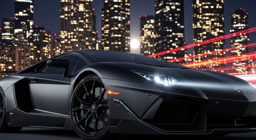Laptop Wallpaper Aesthetic HD 1920x1080 Dark Cars for Desktop 3 Close-up of a matte black Lamborghini Aventador with a glowing night city skyline backdrop and illuminated skyscrapers, dark aesthetic HD wallpaper style.
