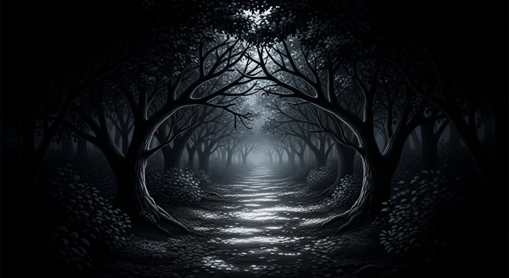 Timeless Beauty in Black: Aesthetic Wallpaper Ideas 2 "Digital illustration of a midnight forest path lit by silvery moonlight, with dark branches and deep black tones creating a mysterious, enchanting atmosphere."