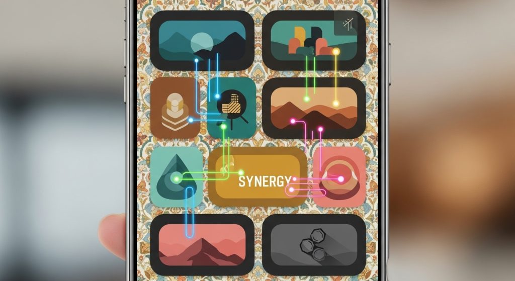 Aesthetic Vintage iPhone Wallpaper: A Timeless Journey for Your Screen 27 Generate an eye-catching, colorful image of coordinated widgets and vintage wallpaper on an iPhone, with glowing connections highlighting the synergy.