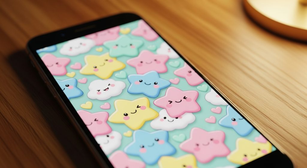 Top Cute Aesthetic Wallpapers for iPhone Backgrounds 3 Close-up of an iPhone on a desk with a kawaii-style wallpaper, including smiling stars and pastel colors – cozy atmosphere.