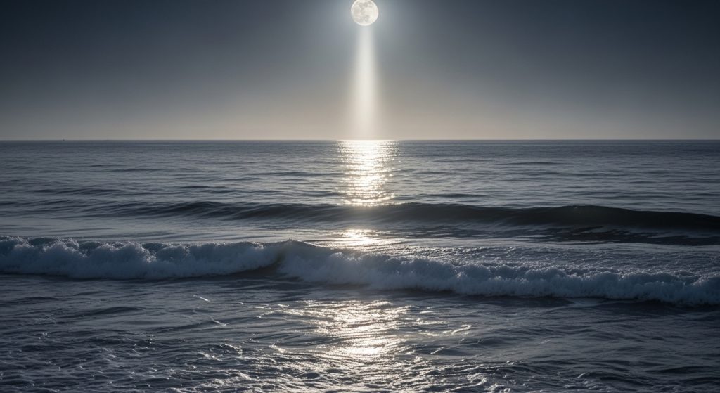 Best Aesthetic Moon Wallpapers for iPhone | Dark & Minimal Backgrounds 7 An iPhone wallpaper showing the moonlight reflecting on a calm ocean with gentle waves.