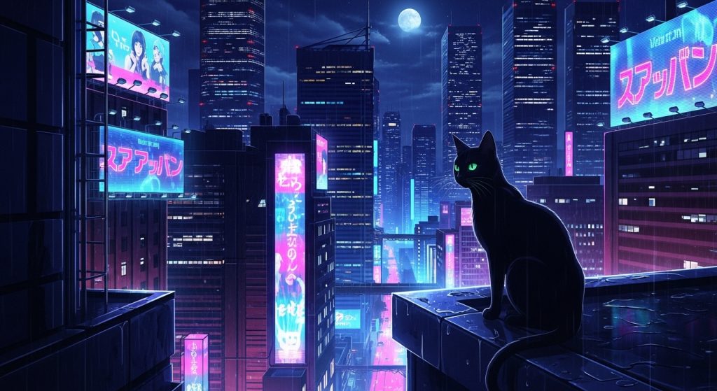 Laptop Wallpaper HD 1080p Aesthetic Dark Cat 8 Anime-style wallpaper of a black cat sitting on a rooftop overlooking a neon-lit futuristic city, aesthetic HD 1080p laptop background.