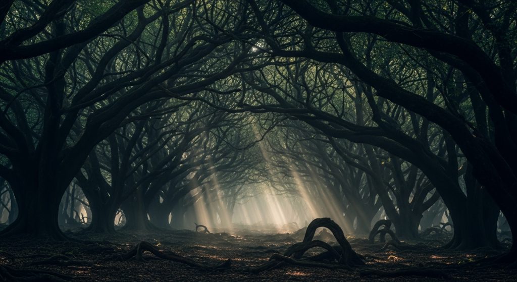 Transform Your Screen with Dark Aesthetic Wallpaper Vibes 6 A mysterious dark forest wallpaper with glowing mist and faint moonlight breaking through.