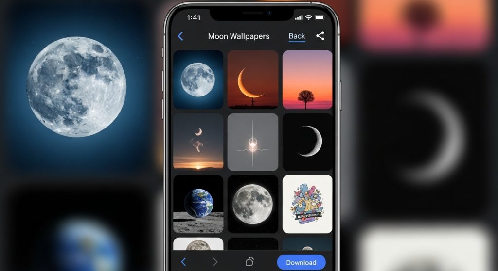 Best Aesthetic Moon Wallpapers for iPhone | Dark & Minimal Backgrounds 12 “iPhone mockup displaying a gallery of moon wallpaper options available for download.”