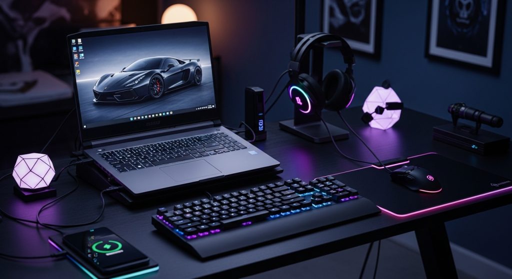 Laptop Wallpaper Aesthetic High Quality Desktop HD 1920x1080 Dark Cars 7 Laptop wallpaper aesthetic showing a matte black supercar on screen, desk setup with glowing RGB lights and a dark tech vibe.