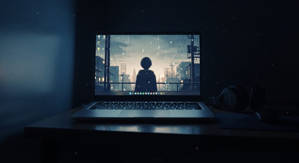 Top 20 Dark Aesthetic Anime Wallpapers in HD 1080p for Laptops 14 Laptop glowing in a dark room, anime wallpaper reflecting personal mood, cinematic atmosphere.