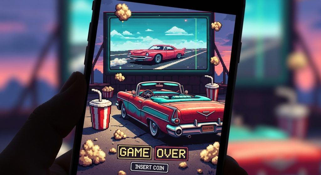 Aesthetic Vintage iPhone Wallpaper: A Timeless Journey for Your Screen 11 Produce a captivating, fun image of retro car and pixel game elements combined on an iPhone screen, in bright yet aged colors, like a nostalgic drive-in scene.