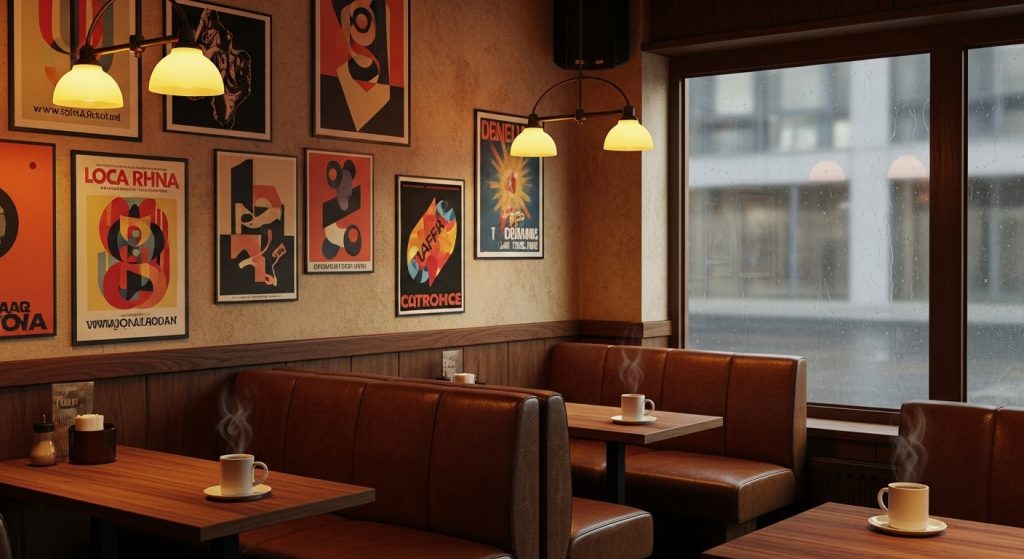Vintage 90s Retro Brown iPhone 90s Aesthetic Wallpaper Designs 4 Serene 90s coffee shop scene with brown leather booths, steaming mugs, and retro posters, captured in warm lighting for a cozy wallpaper aesthetic.