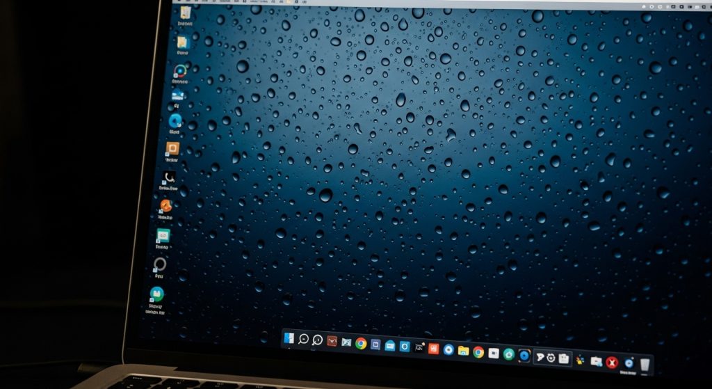 Laptop Wallpaper HD 1080p Aesthetic Dark Blue HD 4 “Close-up of laptop screen showing HD wallpaper with raindrops on glass and deep dark blue light reflecting, aesthetic and minimal style.”